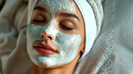 Poster - A woman enjoys a soothing facial mask at home, surrounded by a calming atmosphere. Soft lighting enhances her relaxation as she indulges in self-care.