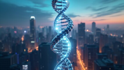 Glowing DNA Strand Over Cityscape at Sunset