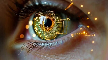 Poster - A detailed close-up showcases a human eye integrated with circuit patterns, symbolizing the fusion of technology and human perception. The intricate design highlights modern advancements.