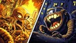 © aritha - A vibrant, cartoonish scene depicting a monstrous octopus and a creature in a chaotic urban setting.