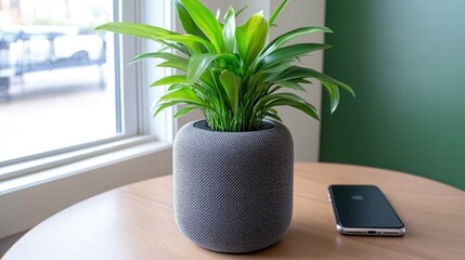 Wall Mural - A grey speaker sits next to a phone on a wooden table in a stylish home environment featuring a green wall and indoor plants