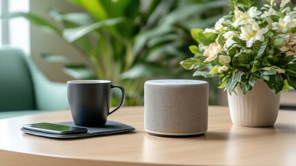 Wall Mural - A grey speaker sits next to a phone on a wooden table in a stylish home environment featuring a green wall and indoor plants