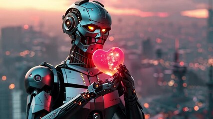 Aufkleber - A sleek robotic figure gracefully holds a glowing heart, symbolizing love, with a stunning city skyline illuminated by sunset colors in the background.