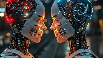 Poster - Two humanoid robots face each other, their intricate metallic designs illuminated by soft lights, conveying emotions of love and connection in a high-tech environment.