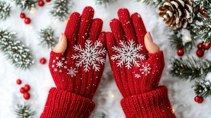 Poster - Red snowflake gloves on snowy Christmas background with festive decor.