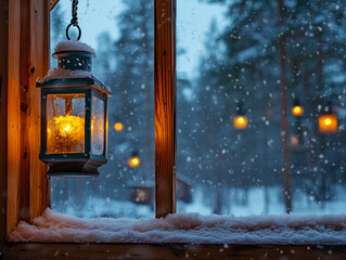 Wall Mural - Snowy Lantern Glowing Warmly in a Winter Forest Scene