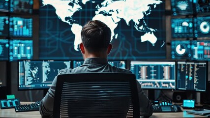 Leinwandbilder - A professional analyzes global data and analytics from multiple screens in a modern control room. The setup includes advanced technology with visual maps and statistics.