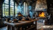 © Evon J - Brew a Potion Day Vintage medieval kitchen interior with rustic fireplace and wooden utensils