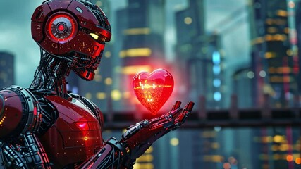 Leinwandbilder - A futuristic robot with intricate details stands in a bustling city, gently cradling a glowing red heart. Neon lights reflect the vibrant atmosphere of Valentine's Day, creating a romantic setting.