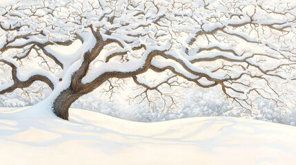 Wall Mural -  Winter tree painting with snow-covered ground and a bird on top