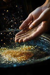 Wall Mural - Hands scattering glittering, golden dust.