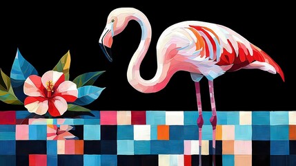 Sticker -   A painting depicts a pink flamingo adjacent to a flower on a checked backdrop