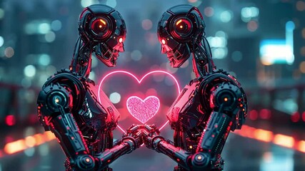 Poster - Two advanced robots stand facing each other in a modern city environment, each holding a bright pink heart. Neon lights illuminate their surroundings, reflecting a romantic vibe on Valentine's Day.