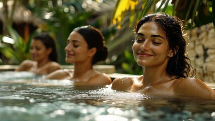 Poster - This Three women are peacefully soaking in warm water at a tropical spa, enjoying nature's tranquility.