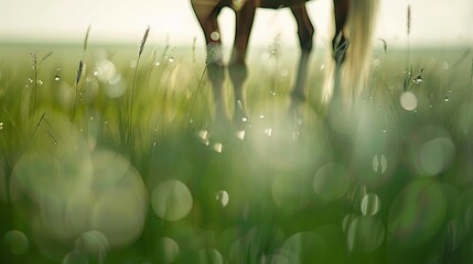 Wall Mural -   Two horses standing together on a rain-soaked green field