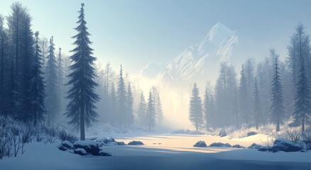 Wall Mural - Winter landscape with snow-covered trees and a mountain backdrop near a frozen river