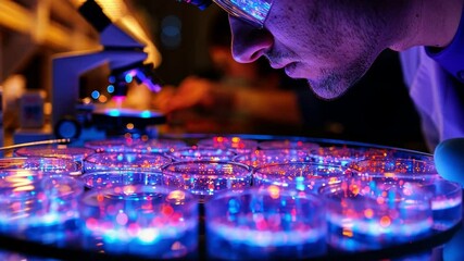 Poster - A researcher closely investigates brightly illuminated petri dishes filled with colorful substances while conducting important stem cell studies in a modern lab environment.