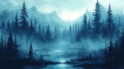 Poster -   A foggy forest painting with a river in the foreground and a mountain range in the background