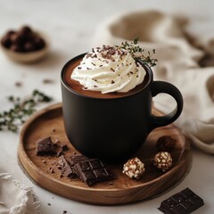 Sticker - Creamy hot chocolate topped with whipped cream and chocolate shavings served in a black mug