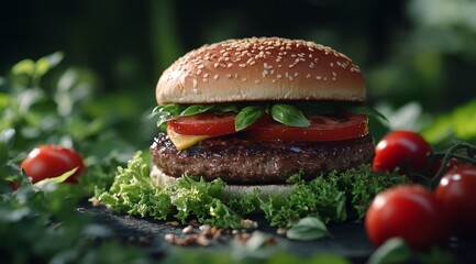 Sticker - Delicious gourmet burger with fresh ingredients in a lush green setting