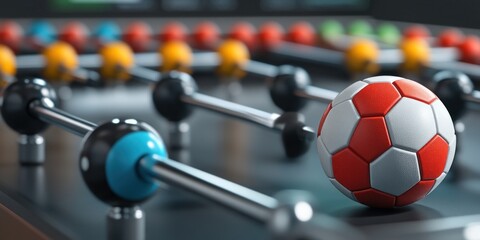Poster - Close-up of a foosball table with a red and white soccer ball in focus.