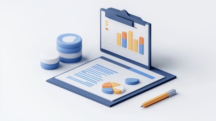 Poster - Isometric illustration of business analytics, data, charts, graphs, and reports on a clipboard.