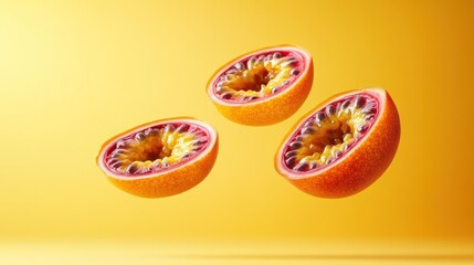 Poster - Three halved red passion fruits levitate against a yellow background.