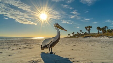 Aufkleber - Brown pelican standing on a white sandy beach at sunset with palm trees in the background.