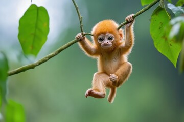 Poster - Adorable golden monkey baby clinging to a tree branch in lush green foliage.
