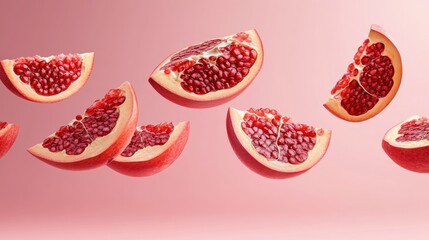 Poster - Juicy pomegranate slices levitate against a soft pink backdrop.