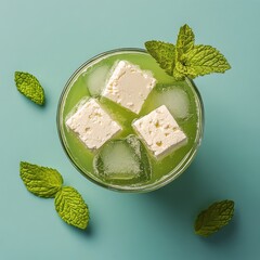 Canvas Print - Refreshing mint beverage with ice and sweet cubes served in a clear glass