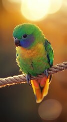 Aufkleber - A vibrant green and blue parrot perches on a rope against a warm sunset backdrop.