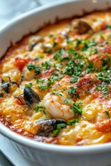 Sticker - Delicious seafood casserole with shrimp and mussels cooked to perfection at a cozy kitchen setting