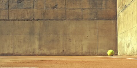 Aufkleber - Single tennis ball rests on clay court against a concrete wall.