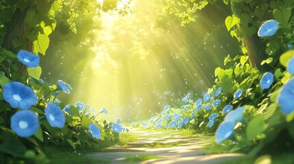 Poster - Sunlit path through a lush forest with vibrant blue morning glory flowers.