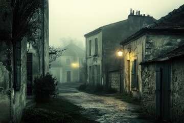 Poster - Foggy, dimly lit, narrow street in a historic village at night. Old stone houses line the path, creating an eerie yet charming atmosphere.