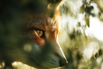 Aufkleber - Red fox's eye peeking through foliage in sunlight.