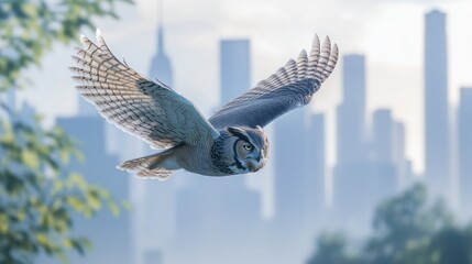 Aufkleber - Great Horned Owl in flight over city skyline at sunrise.