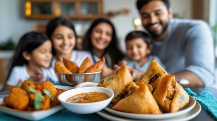 Freshly made samosas take center stage as a joyful family gathers around the table to celebrate Ramadan, savoring each bite in a moment of unity and faith