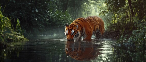 Poster - Majestic tiger drinking water in a tranquil jungle stream, its reflection mirroring in the still water.
