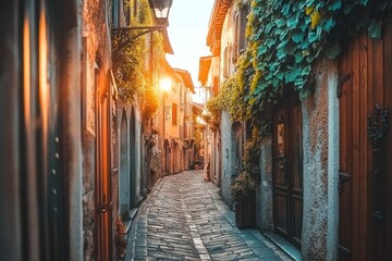 Aufkleber - Sunlit cobblestone street in historic European village, with ivy-covered buildings and warm sunset light.