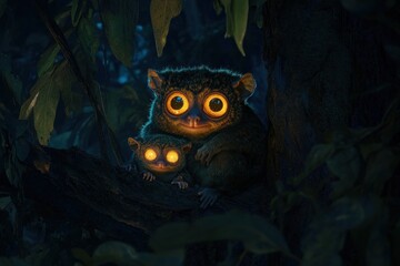 Poster - Adorable tarsier pair nestled on a tree branch at night, glowing eyes.