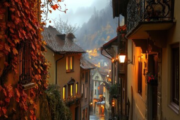 Poster - Misty autumn evening in a quaint European village, with warm lights illuminating the old buildings and cobblestone streets, adorned with vibrant fall foliage.