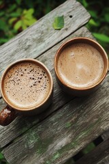 Sticker - Two cups of steaming coffee placed on a wooden surface surrounded by fresh green leaves