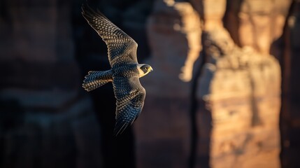 Poster - Peregrine falcon in flight, majestic bird soaring over canyon at sunset.