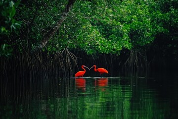 Poster - Two scarlet ibises face each other in a mangrove swamp, their reflections mirrored in the dark water.