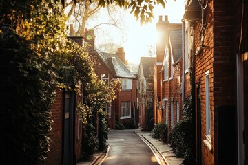 Poster - Sunlit brick houses line a narrow residential street, creating a warm, inviting atmosphere.