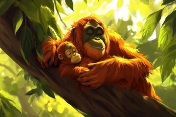 Poster - Orangutan mother tenderly embraces her baby while resting on a tree branch in a lush jungle.