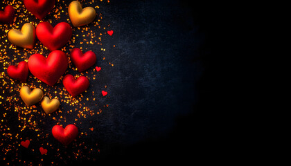 Wall Mural - valentine background with red gold hearts on dark background
