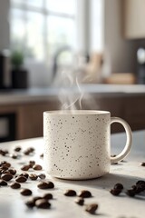 Sticker - Freshly brewed coffee in a speckled mug beside scattered coffee beans in a cozy kitchen setting